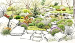 Detailed garden planning sketches, showing a lush, natural landscape with a focus on stone elements. Sketched in soft, earthy tones, the foreground depicts an arrangement of boulders, stepping stones, and a meandering path leading through a vibrant, diverse garden. The middle ground showcases a variety of plants, including flowering shrubs, ornamental grasses, and verdant ground cover. In the background, a tranquil water feature, such as a pond or stream, reflects the surrounding foliage. The overall composition conveys a sense of harmony, balance, and thoughtful design, capturing the essence of a well-planned, harmonious garden landscape.