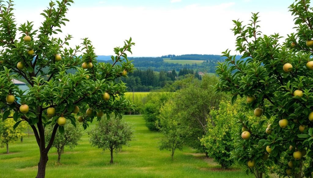 Detailed scene of high-stemmed and half-stemmed fruit trees in a lush garden. Foreground shows two well-pruned apple trees with spreading branches and vibrant green foliage. Mid-ground reveals a variety of other fruit trees including pear, plum, and cherry, all in different stages of growth. Background features a picturesque countryside landscape with rolling hills, a distant forest, and a clear blue sky with soft, diffused lighting. Composition emphasizes the visual contrast and complementary shapes between the tall, upright high-stemmed trees and the more compact, rounded half-stemmed varieties. Captures the natural beauty and bounty of an established home orchard. Detailed scene of high-stemmed and half-stemmed fruit trees in a lush garden. Foreground shows two well-pruned apple trees with spreading branches and vibrant green foliage. Mid-ground reveals a variety of other fruit trees including pear, plum, and cherry, all in different stages of growth. Background features a picturesque countryside landscape with rolling hills, a distant forest, and a clear blue sky with soft, diffused lighting. Composition emphasizes the visual contrast and complementary shapes between the tall, upright high-stemmed trees and the more compact, rounded half-stemmed varieties. Captures the natural beauty and bounty of an established home orchard.