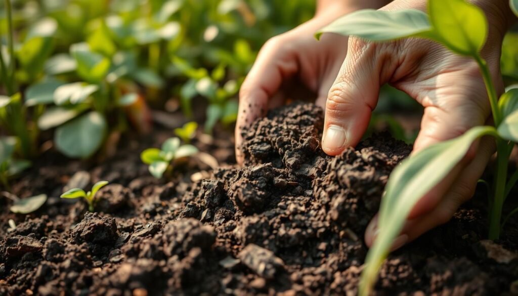 Detailed soil analysis in a lush garden setting. A closeup view of a gardener's hands inspecting rich, dark earth, revealing the intricate textures and composition. Vibrant green plants and foliage in the background, creating a serene, naturalistic atmosphere. Soft, warm lighting illuminates the scene, highlighting the earthy tones and organic matter. Shallow depth of field focuses attention on the soil, conveying the importance of understanding the garden's foundation for healthy, thriving plants. The overall mood is one of careful consideration and appreciation for the complexity of the garden ecosystem. Detailed soil analysis in a lush garden setting. A closeup view of a gardener's hands inspecting rich, dark earth, revealing the intricate textures and composition. Vibrant green plants and foliage in the background, creating a serene, naturalistic atmosphere. Soft, warm lighting illuminates the scene, highlighting the earthy tones and organic matter. Shallow depth of field focuses attention on the soil, conveying the importance of understanding the garden's foundation for healthy, thriving plants. The overall mood is one of careful consideration and appreciation for the complexity of the garden ecosystem.