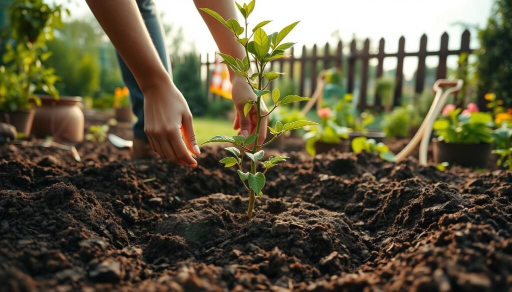 Detailed step-by-step planting instructions for a fruit tree, shown in a warm, natural scene. In the foreground, a person's hands carefully positioning a young sapling in a freshly dug hole, surrounded by rich, dark soil. The middle ground features a lush, verdant garden with various plants and tools. In the background, a wooden fence and a bright, cloudless sky create a serene, idyllic atmosphere. Soft, diffused lighting casts gentle shadows, emphasizing the tactile, earthy nature of the task. The composition conveys a sense of care, expertise, and fulfillment in the act of planting a fruit tree to nurture its growth. Detailed step-by-step planting instructions for a fruit tree, shown in a warm, natural scene. In the foreground, a person's hands carefully positioning a young sapling in a freshly dug hole, surrounded by rich, dark soil. The middle ground features a lush, verdant garden with various plants and tools. In the background, a wooden fence and a bright, cloudless sky create a serene, idyllic atmosphere. Soft, diffused lighting casts gentle shadows, emphasizing the tactile, earthy nature of the task. The composition conveys a sense of care, expertise, and fulfillment in the act of planting a fruit tree to nurture its growth.