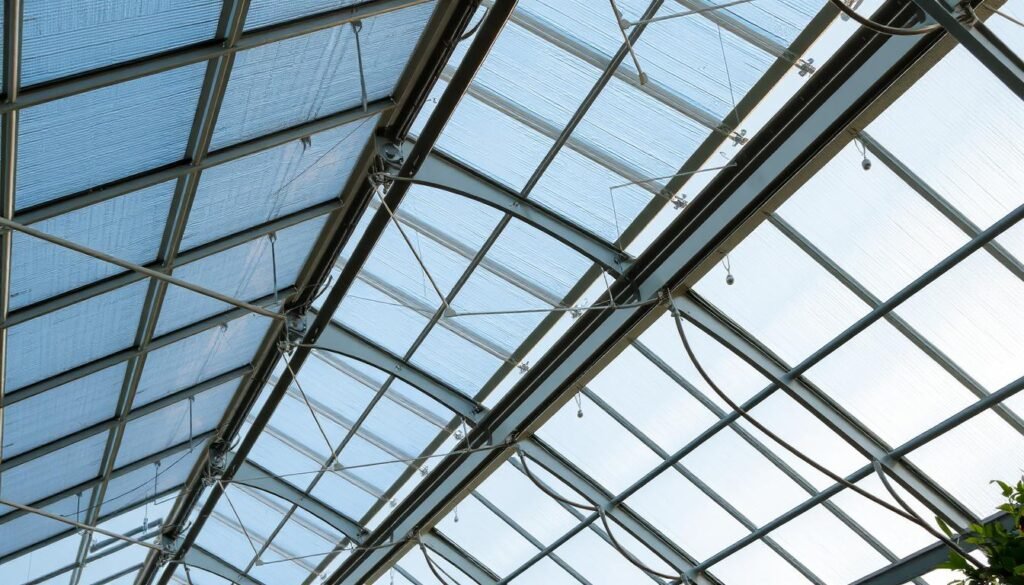 Detailed wide angle view of a greenhouse roof assembly. Intricate metal frame with gently curved ribs supporting large panes of glass. Soft natural light filtering through the translucent panels, creating a bright, airy atmosphere. Precise assembly of the components, with interlocking joints and fasteners visible. Smooth, clean lines of the structure, emphasizing the elegant design. The roof appears to gently slope downward, with a slight angle to allow for drainage. The overall composition highlights the technical expertise and craftsmanship required for this type of greenhouse construction.