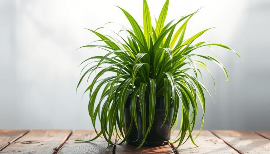 Drachenbaum Gießtipps: A lush, verdant Dracaena marginata plant, its long, slender leaves cascading gracefully against a soft, diffused light. The plant is positioned on a weathered wooden table, with droplets of water glistening on the leaves, suggesting the ideal watering routine. The background is hazy and out of focus, allowing the plant to take center stage. Subtle shadows add depth and dimension, while the overall mood is serene and calming, inviting the viewer to appreciate the plant's needs and the art of proper watering.