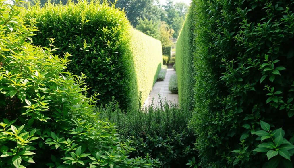 Heckenpflanzen als Sichtschutz: a lush, verdant garden scene with a variety of dense, bushy shrubs and hedges forming a natural privacy screen. The foreground features a mix of vibrant evergreen and deciduous plants, their leaves rustling softly in a gentle breeze. The middle ground showcases a harmonious arrangement of different hedge species, their textures and colors complementing each other. In the background, a serene, sun-dappled pathway meanders through the verdant foliage, inviting the viewer to imagine strolling through this peaceful, secluded oasis. The lighting is soft and diffused, creating a warm, welcoming atmosphere. Captured with a wide-angle lens to emphasize the lush, enveloping nature of the scene. Heckenpflanzen als Sichtschutz: a lush, verdant garden scene with a variety of dense, bushy shrubs and hedges forming a natural privacy screen. The foreground features a mix of vibrant evergreen and deciduous plants, their leaves rustling softly in a gentle breeze. The middle ground showcases a harmonious arrangement of different hedge species, their textures and colors complementing each other. In the background, a serene, sun-dappled pathway meanders through the verdant foliage, inviting the viewer to imagine strolling through this peaceful, secluded oasis. The lighting is soft and diffused, creating a warm, welcoming atmosphere. Captured with a wide-angle lens to emphasize the lush, enveloping nature of the scene.