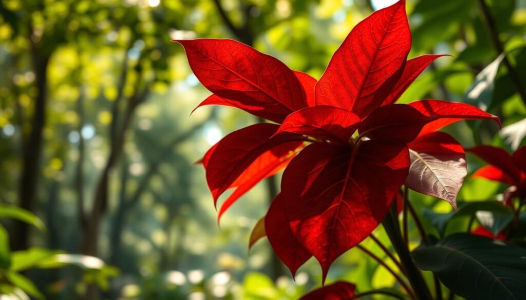 Highly detailed, realistic image of a Philodendron plant in its natural habitat, showcasing the ideal location and lighting conditions. The plant is positioned in a lush, verdant environment, with soft, diffused natural light filtering through the canopy above. The leaves display a deep, vibrant red hue, highlighting the plant's health and vibrancy. The foreground features the Philodendron's intricate foliage, while the middle ground reveals the plant's wider context within the surroundings. The background gently blurs into a serene, forest-like setting, creating a sense of depth and atmosphere. The lighting is warm and natural, casting gentle shadows that accentuate the plant's form and texture. The overall composition evokes a sense of harmony and balance, showcasing the Philodendron's optimal growing conditions.