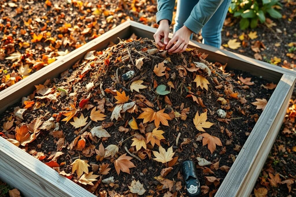 Hochbeet im Herbst befüllen mit Laub und Gartenabfällen Hochbeet im Herbst befüllen mit Laub und Gartenabfällen