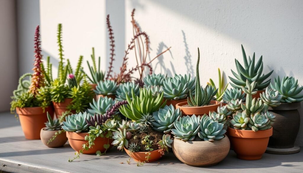 Kreative Sukkulenten Arrangements A lush, artfully composed display of various succulents in a minimalist, natural setting. Vibrant and diverse species in shades of green, purple, and gray, carefully arranged in terracotta pots and decorative containers. Soft, diffused natural lighting casts gentle shadows, highlighting the textural details of the plants. The composition is balanced, with a mix of tall, trailing, and rosette-shaped succulents layered to create visual depth and interest. The overall mood is serene, earthy, and inviting, evoking a sense of tranquility and harmony. The scene is captured from a slightly elevated angle, giving a clean, unobstructed view of the delicate, sculptural arrangements.