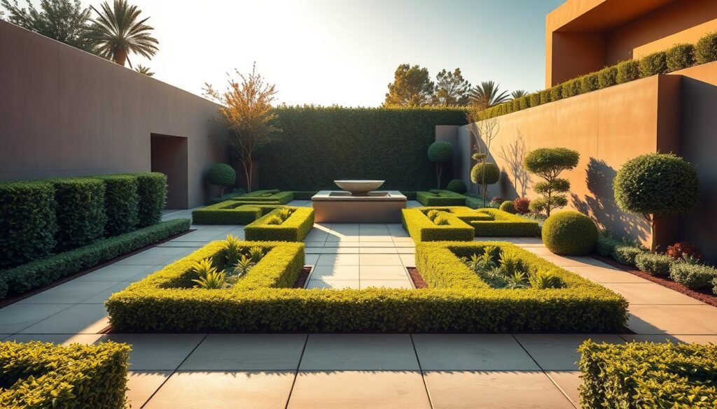 Lush, german style manicured garden featuring bold, geometric shapes in a modern, minimalist design. Perfectly pruned hedges and shrubs form clean lines and angular patterns, complemented by a series of rectangular raised garden beds. Warm, golden sunlight filters through the scene, casting long shadows that accentuate the sharp, architectural elements. The layout is intentional and symmetrical, creating a sense of order and balance. Smooth, polished paving stones line the pathways, leading the eye through the orderly, tranquil composition. An atmosphere of serene, contemporary elegance pervades the scene. Lush, german style manicured garden featuring bold, geometric shapes in a modern, minimalist design. Perfectly pruned hedges and shrubs form clean lines and angular patterns, complemented by a series of rectangular raised garden beds. Warm, golden sunlight filters through the scene, casting long shadows that accentuate the sharp, architectural elements. The layout is intentional and symmetrical, creating a sense of order and balance. Smooth, polished paving stones line the pathways, leading the eye through the orderly, tranquil composition. An atmosphere of serene, contemporary elegance pervades the scene.
