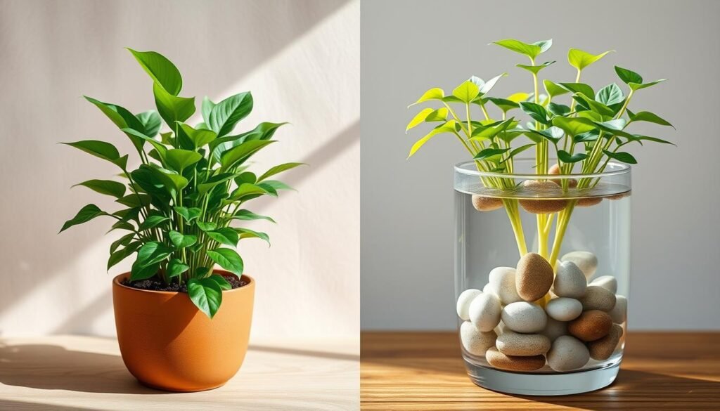 Lush, verdant Glücksbambus plant in a minimalist, zen-inspired setting. The plant's vibrant green leaves stand out against a neutral, earthy background, hinting at its natural, low-maintenance nature. Soft, natural lighting filters through the scene, creating a calming, serene atmosphere. The plant is presented in two contrasting mediums - a traditional terracotta pot filled with rich, dark soil, and a sleek, modern hydroculture setup with clear water and pebbles. This juxtaposition highlights the versatility of the Glücksbambus and the different care requirements for each growing method. The overall composition is balanced and visually appealing, inviting the viewer to appreciate the plant's beauty and learn about its optimal care.