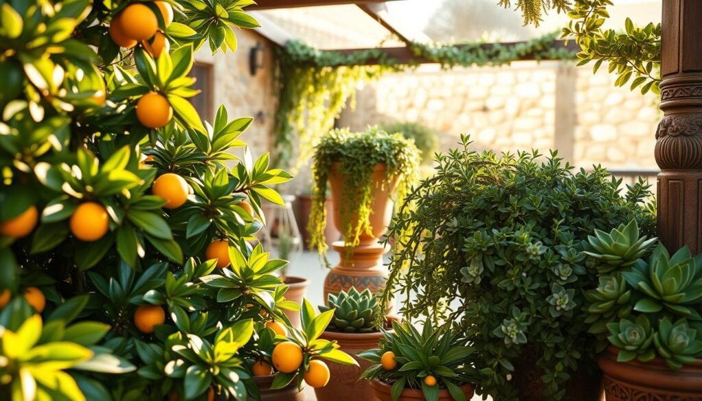 Lush, verdant Mediterranean plants nestled in a cozy, sheltered winter scene. A foreground of potted citrus trees, their glossy leaves catching the soft, diffuse light. In the middle ground, decorative ceramic pots overflow with trailing, evergreen vines and succulent rosettes. The background reveals a sun-dappled patio, with a stone wall providing shelter from the elements. Warm, golden tones bathe the tranquil composition, conveying a sense of peaceful, protected hibernation. Captured with a wide-angle lens to emphasize the enveloping, nurturing atmosphere. An intimate, contemplative moment of seasonal sanctuary for these resilient, subtropical botanicals. Lush, verdant Mediterranean plants nestled in a cozy, sheltered winter scene. A foreground of potted citrus trees, their glossy leaves catching the soft, diffuse light. In the middle ground, decorative ceramic pots overflow with trailing, evergreen vines and succulent rosettes. The background reveals a sun-dappled patio, with a stone wall providing shelter from the elements. Warm, golden tones bathe the tranquil composition, conveying a sense of peaceful, protected hibernation. Captured with a wide-angle lens to emphasize the enveloping, nurturing atmosphere. An intimate, contemplative moment of seasonal sanctuary for these resilient, subtropical botanicals.
