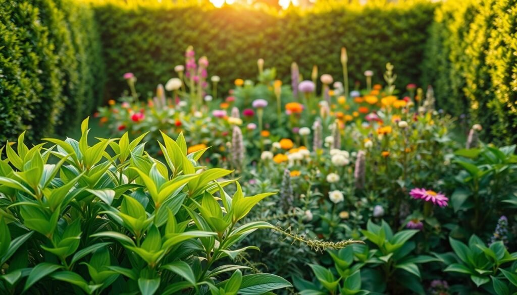 Lush, verdant garden with a focal point of thriving perennials spreading out from the center. In the foreground, a cluster of bright green leafy stauden plants, their stems and foliage gently swaying in a soft breeze. The middle ground showcases a harmonious mix of diverse perennial species in bloom, their colorful flowers and textures creating a vibrant natural tapestry. In the background, a backdrop of neatly trimmed hedges frames the scene, adding structure and depth. Warm, diffused natural lighting filters through, casting a gentle glow and accentuating the organic, earthy tones. The overall composition conveys a sense of abundance, growth, and the effortless reproduction of thriving garden life. Lush, verdant garden with a focal point of thriving perennials spreading out from the center. In the foreground, a cluster of bright green leafy stauden plants, their stems and foliage gently swaying in a soft breeze. The middle ground showcases a harmonious mix of diverse perennial species in bloom, their colorful flowers and textures creating a vibrant natural tapestry. In the background, a backdrop of neatly trimmed hedges frames the scene, adding structure and depth. Warm, diffused natural lighting filters through, casting a gentle glow and accentuating the organic, earthy tones. The overall composition conveys a sense of abundance, growth, and the effortless reproduction of thriving garden life.