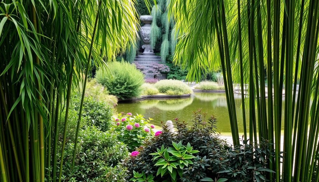 Lush, verdant garden with a natural privacy screen. Tall, swaying bamboo stalks in the foreground, their green foliage creating a soothing, organic barrier. Varied shrubbery in the middle ground, a mix of vibrant flowering plants and textured leafy bushes. In the background, a tranquil pond reflects the serene scene, its rippling surface adding a calming element. Soft, diffused lighting filters through the dense greenery, casting gentle shadows and highlighting the rich, earthy tones. The overall atmosphere is one of peaceful seclusion, a harmonious blend of nature's elements crafting a private, picturesque oasis.