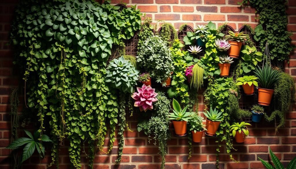 Lush vertical garden adorning a rustic brick wall, overflowing with diverse greenery and vibrant floral accents. Cascading vines, trailing succulents, and potted plants in dynamic arrangements create a captivating, nature-inspired composition. Soft, warm lighting illuminates the scene, casting gentle shadows and highlighting the textural elements. The overall atmosphere evokes a sense of tranquility and harmony, inviting the viewer to imagine the soothing ambiance of this creative garden display.