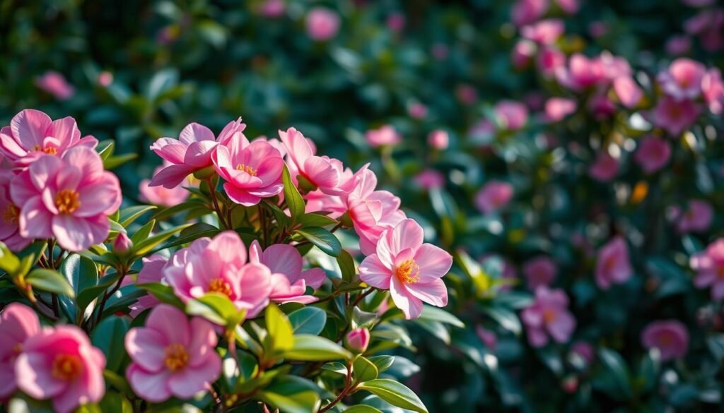 Lush, vibrant camellia plants thriving in a serene, natural setting. Delicate pink blossoms adorn the verdant foliage, bathed in soft, diffused natural light. The scene captures the tranquility of a well-tended camellia garden, with a harmonious blend of colors and textures. The middle ground features a cluster of camellias in full bloom, their petals gently unfurling. In the background, a complementary palette of greenery sets the stage, hinting at the mild, temperate climate. The overall composition conveys a sense of peaceful, effortless cultivation, inviting the viewer to imagine the joys of growing camellias in a mild, outdoor setting.