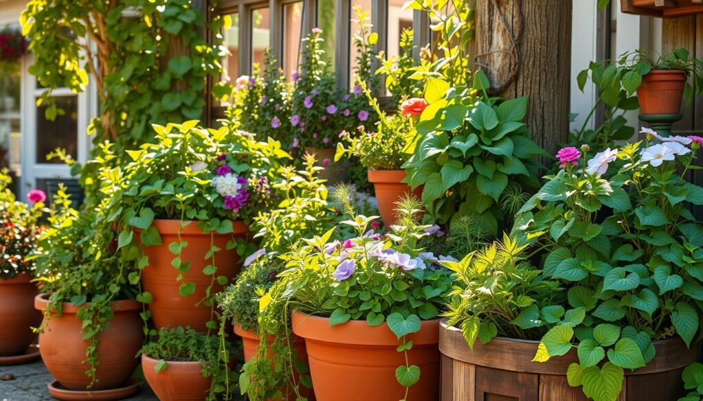 Lush, vibrant container garden in a sun-dappled outdoor setting. An assortment of flourishing plants - trailing vines, leafy greens, colorful blooms - spilling out of a variety of rustic terracotta pots and wooden planters. Warm, golden light filters through the scene, casting gentle shadows and highlights. The garden feels welcoming, a harmonious oasis of natural beauty. Camera positioned slightly above, capturing the verdant composition in a soft, dreamy focus. Conveys a sense of year-round flexibility and joy of gardening in contained spaces. Lush, vibrant container garden in a sun-dappled outdoor setting. An assortment of flourishing plants - trailing vines, leafy greens, colorful blooms - spilling out of a variety of rustic terracotta pots and wooden planters. Warm, golden light filters through the scene, casting gentle shadows and highlights. The garden feels welcoming, a harmonious oasis of natural beauty. Camera positioned slightly above, capturing the verdant composition in a soft, dreamy focus. Conveys a sense of year-round flexibility and joy of gardening in contained spaces.