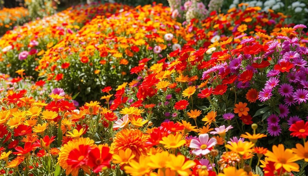 Lush, vibrant floral beds in a sun-dappled garden, bursting with a kaleidoscope of colors. A harmonious composition of diverse blooms - delicate petals of vibrant reds, oranges, yellows, purples, and pinks, interspersed with verdant foliage. Carefully curated arrangements create a sense of natural elegance, drawing the eye through the scene. Soft, diffused lighting casts a warm glow, enhancing the natural beauty of the flowers. The frame captures a captivating, immersive vista, inviting the viewer to step into this colorful, serene oasis.