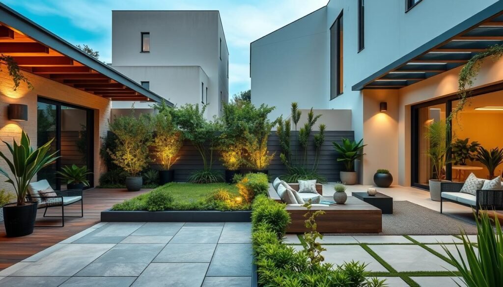 Modern terrace styles in comparison, showcasing an urban and Mediterranean-inspired outdoor living space. In the foreground, a well-designed, minimalist patio with a mix of natural and man-made materials, such as wood, stone, and metal, creating a harmonious and aesthetically pleasing composition. The middle ground features a lush, verdant garden with a mix of potted plants, small shrubs, and trailing vines, adding a touch of nature and softness to the scene. In the background, modern, angular architecture with clean lines and large windows, reflecting the urban aesthetic. The lighting is a combination of warm, ambient lighting and strategic spotlights, creating a cozy and inviting atmosphere. The overall mood is one of sophistication, tranquility, and a seamless integration of indoor and outdoor living. Modern terrace styles in comparison, showcasing an urban and Mediterranean-inspired outdoor living space. In the foreground, a well-designed, minimalist patio with a mix of natural and man-made materials, such as wood, stone, and metal, creating a harmonious and aesthetically pleasing composition. The middle ground features a lush, verdant garden with a mix of potted plants, small shrubs, and trailing vines, adding a touch of nature and softness to the scene. In the background, modern, angular architecture with clean lines and large windows, reflecting the urban aesthetic. The lighting is a combination of warm, ambient lighting and strategic spotlights, creating a cozy and inviting atmosphere. The overall mood is one of sophistication, tranquility, and a seamless integration of indoor and outdoor living.