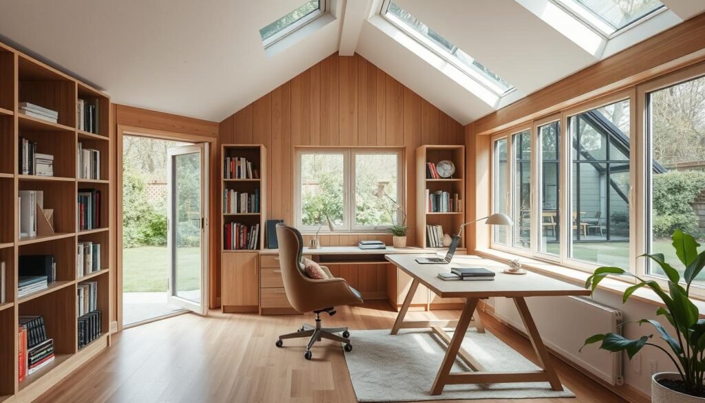Modernes Gartenhaus als Homeoffice eingerichtet mit Schreibtisch und bequemem Sessel Modernes Gartenhaus als Homeoffice eingerichtet mit Schreibtisch und bequemem Sessel