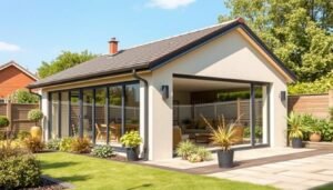 Modernes Gartenhaus mit Pultdach und großen Fensterfronten