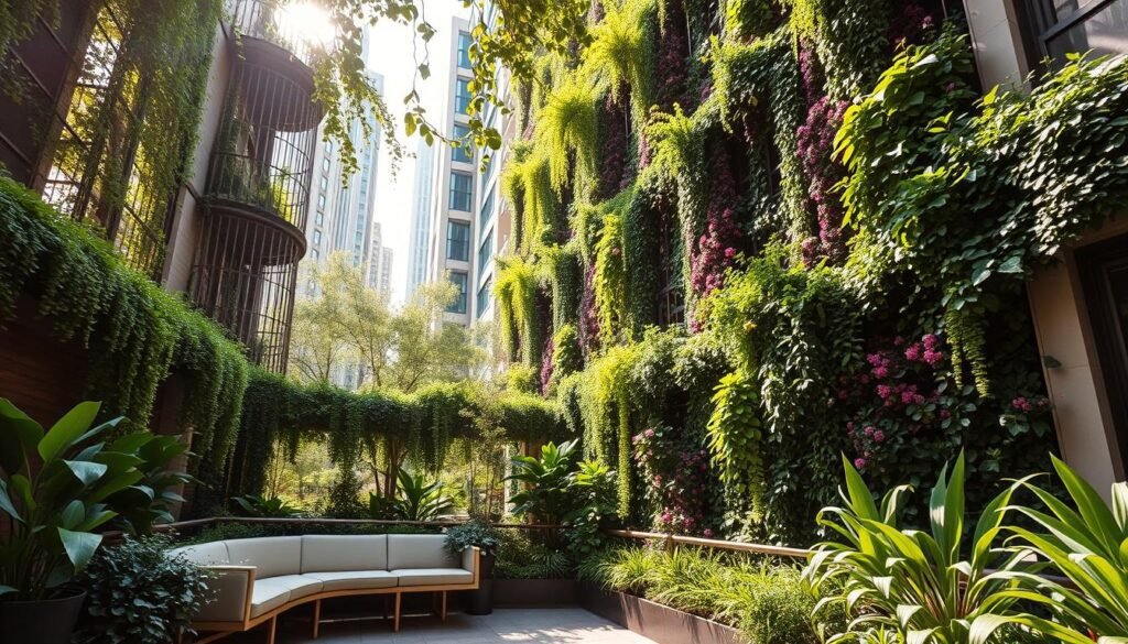 Prompt A lush, vertical garden oasis nestled within a serene urban setting. Towering, verdant walls of diverse foliage cascade down the sides of a modern building, creating a tranquil, verdant refuge amidst the city's concrete landscape. Sunlight filters softly through the canopy, casting a warm, natural glow upon the thriving plants and flowers. In the foreground, a peaceful seating area invites visitors to relax and immerse themselves in the calming, green ambiance. The scene evokes a sense of harmony between nature and the built environment, offering a verdant respite from the hustle and bustle of urban life.