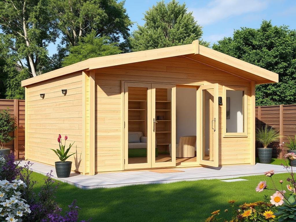 Pultdach Gartenhaus Modell Ella mit großer Glasfront und Terrasse Pultdach Gartenhaus Modell Ella mit großer Glasfront und Terrasse