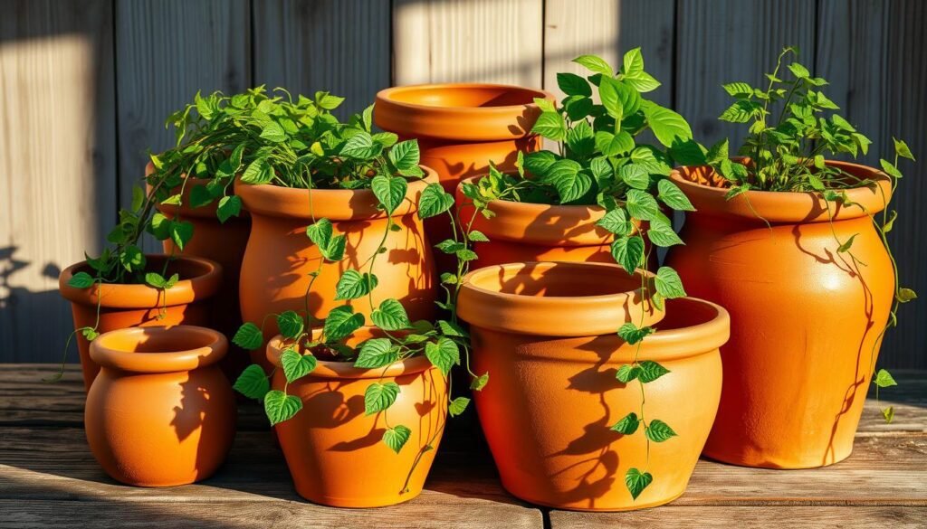 Seasonal plant care pots, featuring an array of terracotta vessels in various sizes and shapes, arranged in a visually captivating composition. The pots sit upon a weathered wooden surface, bathed in warm, diffused sunlight casting soft shadows. Trailing vines and lush foliage spill over the pot rims, hinting at the vibrant plants they contain. The overall scene conveys a sense of natural harmony, reflecting the cyclical nature of plant care and the beauty of adapting one's gardening practices to the changing seasons.