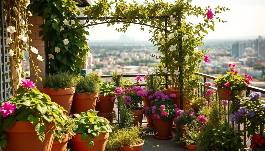 Südbalkon Pflanzen A lush, sun-drenched balcony garden bursting with vibrant Mediterranean-inspired flora. In the foreground, terracotta pots brimming with cascading vines, fragrant herbs, and colorful flowering plants. Mid-frame, a wrought-iron trellis supports climbing jasmine, its delicate white blossoms dancing in the gentle breeze. In the background, a view of the bustling city skyline, softened by the verdant foliage. Warm golden light filters through the scene, casting a serene, inviting glow. The overall composition evokes a sense of tranquil, bountiful outdoor living, perfect for a sunny southern-facing balcony.