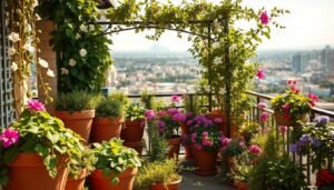 Südbalkon Pflanzen A lush, sun-drenched balcony garden bursting with vibrant Mediterranean-inspired flora. In the foreground, terracotta pots brimming with cascading vines, fragrant herbs, and colorful flowering plants. Mid-frame, a wrought-iron trellis supports climbing jasmine, its delicate white blossoms dancing in the gentle breeze. In the background, a view of the bustling city skyline, softened by the verdant foliage. Warm golden light filters through the scene, casting a serene, inviting glow. The overall composition evokes a sense of tranquil, bountiful outdoor living, perfect for a sunny southern-facing balcony.