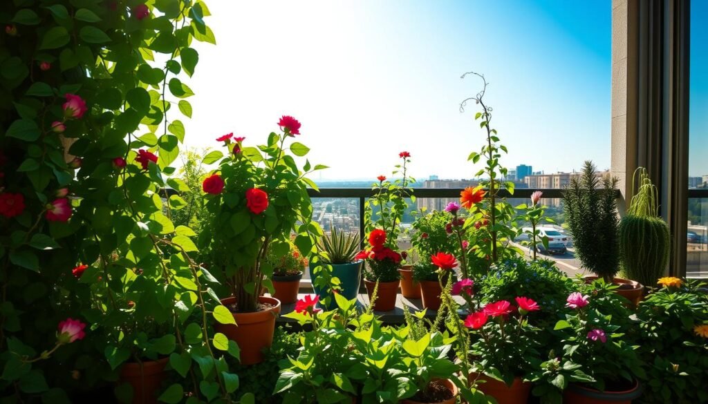 Sunny balcony with a vibrant selection of potted plants. A well-lit outdoor scene with lush, thriving greenery in the foreground - trailing vines, blooming flowers, and verdant foliage in shades of green, red, and yellow. The middle ground features a mix of potted plants, including trailing ivy, flowering annuals, and compact succulents, all basking in the warm, golden light. In the background, a glimpse of a clear, azure sky and the surrounding urban landscape. The composition is balanced, with a sense of depth and natural harmony, conveying a tranquil, inviting atmosphere perfect for an urban oasis.