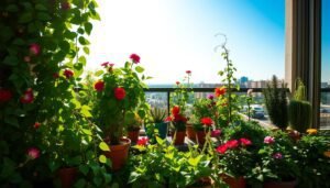 Sunny balcony with a vibrant selection of potted plants. A well-lit outdoor scene with lush, thriving greenery in the foreground - trailing vines, blooming flowers, and verdant foliage in shades of green, red, and yellow. The middle ground features a mix of potted plants, including trailing ivy, flowering annuals, and compact succulents, all basking in the warm, golden light. In the background, a glimpse of a clear, azure sky and the surrounding urban landscape. The composition is balanced, with a sense of depth and natural harmony, conveying a tranquil, inviting atmosphere perfect for an urban oasis.