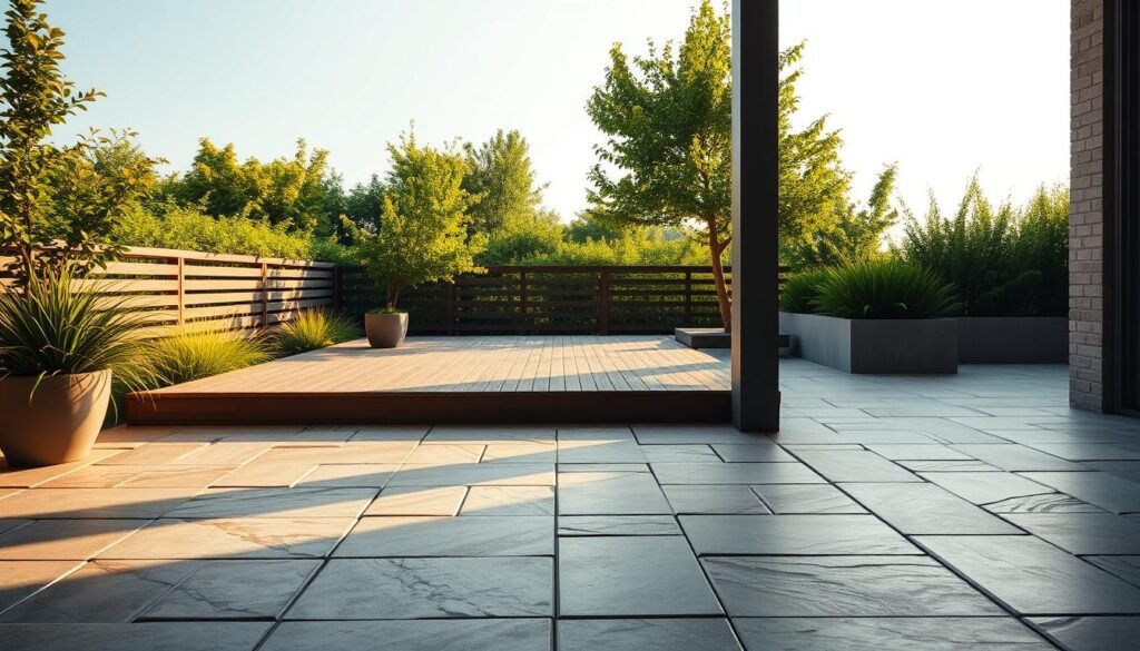 Terrassenbelag Vergleich: A serene outdoor scene showcasing various terrace flooring options. In the foreground, smooth natural stone pavers gleam under warm sunlight, while in the middle ground, slatted wooden decking stretches out, blending seamlessly with the lush greenery. In the background, elegant porcelain tiles in a neutral color palette create a clean, modern aesthetic. The scene is bathed in soft, diffused lighting, creating a calming and inviting atmosphere, perfect for envisioning the perfect terrace for your garden oasis. Terrassenbelag Vergleich: A serene outdoor scene showcasing various terrace flooring options. In the foreground, smooth natural stone pavers gleam under warm sunlight, while in the middle ground, slatted wooden decking stretches out, blending seamlessly with the lush greenery. In the background, elegant porcelain tiles in a neutral color palette create a clean, modern aesthetic. The scene is bathed in soft, diffused lighting, creating a calming and inviting atmosphere, perfect for envisioning the perfect terrace for your garden oasis.