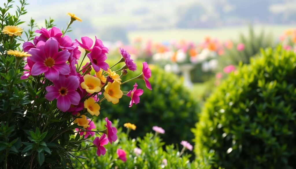 Vibrant floral arrangements accenting a lush garden landscape. In the foreground, a bouquet of colorful blooms in shades of pink, purple, and yellow burst forth, their petals illuminated by soft, natural lighting. In the middle ground, verdant shrubs and bushes frame the scene, their foliage creating a harmonious backdrop. The background features a hazy, out-of-focus view of an idyllic garden, with hints of additional flowering plants dotting the scene. The overall composition evokes a sense of tranquility and natural beauty, perfectly capturing the essence of "Blütensträucher nach Farben: Tipps & Beispiele". Vibrant floral arrangements accenting a lush garden landscape. In the foreground, a bouquet of colorful blooms in shades of pink, purple, and yellow burst forth, their petals illuminated by soft, natural lighting. In the middle ground, verdant shrubs and bushes frame the scene, their foliage creating a harmonious backdrop. The background features a hazy, out-of-focus view of an idyllic garden, with hints of additional flowering plants dotting the scene. The overall composition evokes a sense of tranquility and natural beauty, perfectly capturing the essence of "Blütensträucher nach Farben: Tipps & Beispiele".