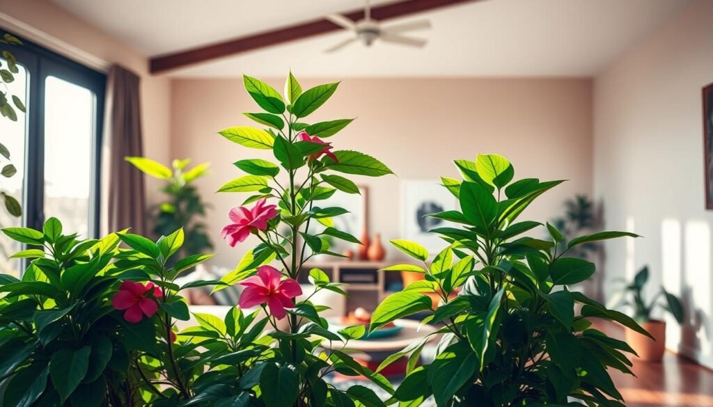 Vibrant foliage in a cozy living space, sunlight filtering through large windows, casting warm, natural illumination. Lush potted plants in the foreground, their verdant leaves and blooms creating a verdant, organic focal point. Tasteful, minimalist decor in the middle ground, with pops of color from accent pieces and textiles. In the background, a serene, neutral-toned wall, allowing the greenery to take center stage. The scene conveys a sense of tranquility and harmony, showcasing how nature can be effortlessly integrated into modern interior design. Vibrant foliage in a cozy living space, sunlight filtering through large windows, casting warm, natural illumination. Lush potted plants in the foreground, their verdant leaves and blooms creating a verdant, organic focal point. Tasteful, minimalist decor in the middle ground, with pops of color from accent pieces and textiles. In the background, a serene, neutral-toned wall, allowing the greenery to take center stage. The scene conveys a sense of tranquility and harmony, showcasing how nature can be effortlessly integrated into modern interior design.