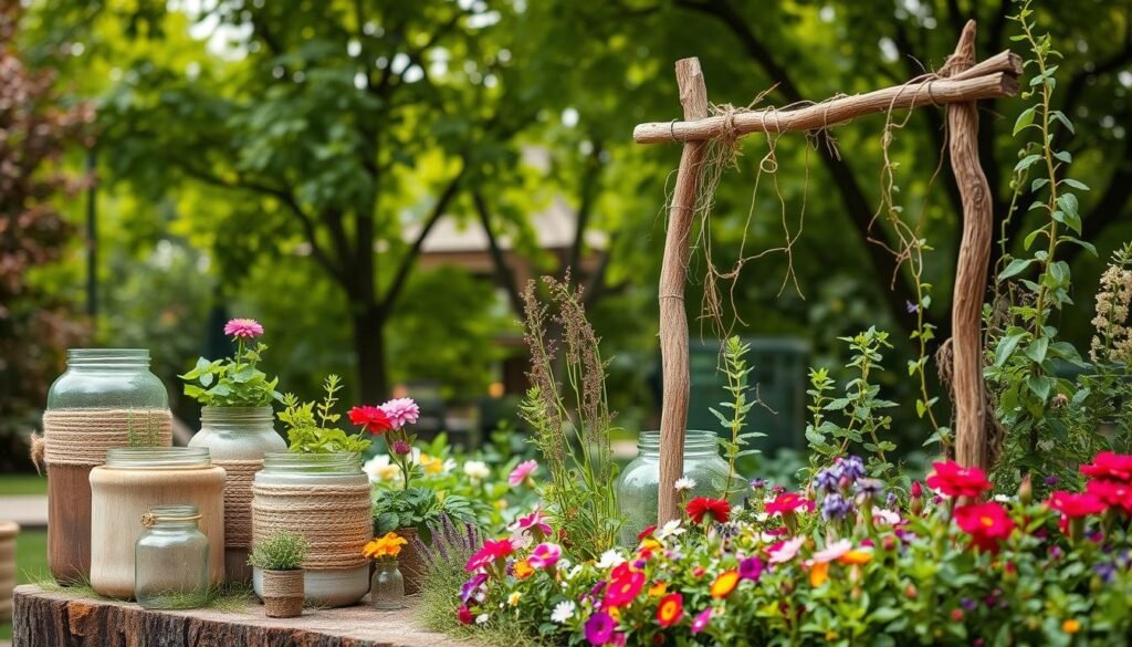 Vibrant outdoor scene showcasing natural materials upcycled into charming garden decor. In the foreground, an artfully arranged vignette of rustic wooden planters, jute-wrapped glass jars, and a handmade trellis fashioned from gnarled branches. Mid-ground features a lush floral border bursting with colorful wildflowers, herbs, and trailing vines. Soft, diffused lighting filters through a canopy of verdant foliage in the background, creating a serene, earthy atmosphere. The composition emphasizes the beauty and sustainability of repurposed natural elements, inviting viewers to envision their own eco-friendly garden spaces. Vibrant outdoor scene showcasing natural materials upcycled into charming garden decor. In the foreground, an artfully arranged vignette of rustic wooden planters, jute-wrapped glass jars, and a handmade trellis fashioned from gnarled branches. Mid-ground features a lush floral border bursting with colorful wildflowers, herbs, and trailing vines. Soft, diffused lighting filters through a canopy of verdant foliage in the background, creating a serene, earthy atmosphere. The composition emphasizes the beauty and sustainability of repurposed natural elements, inviting viewers to envision their own eco-friendly garden spaces.