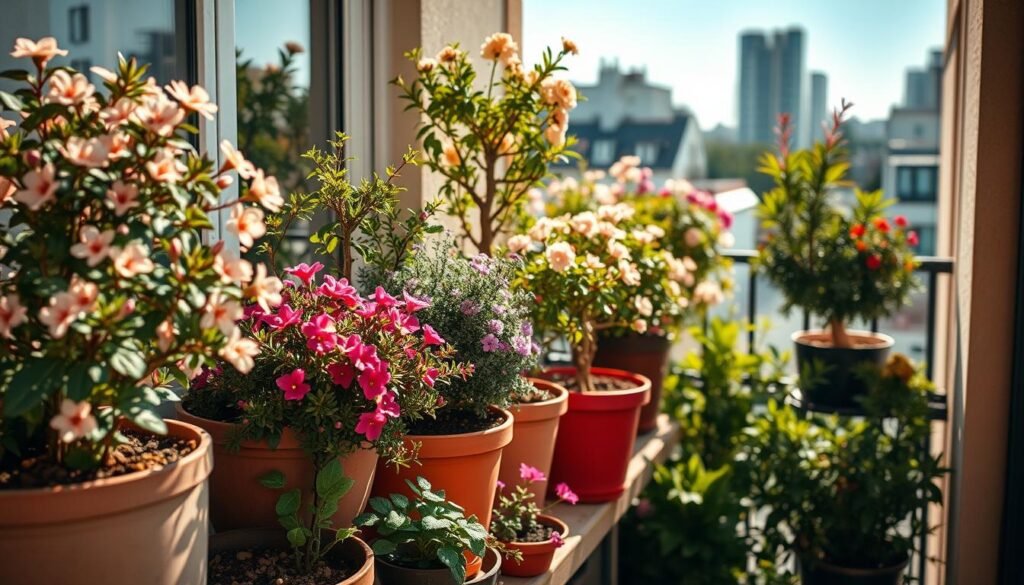 Vibrant potted plants adorn a sun-drenched balcony, showcasing a diverse array of "Kübelpflanzen Sorten" - miniature trees and shrubs thriving in their container homes. Delicate blossoms and lush foliage create a serene, verdant oasis, inviting the viewer to imagine the tranquil ambiance of this urban garden retreat. Warm, directional lighting emphasizes the rich textures and vibrant colors, while a subtle, out-of-focus background suggests the cityscape beyond. Captured with a wide-angle lens, the composition highlights the harmony between the potted plants and their cozy balcony setting, inspiring ideas for creating a personal green haven in limited urban spaces.