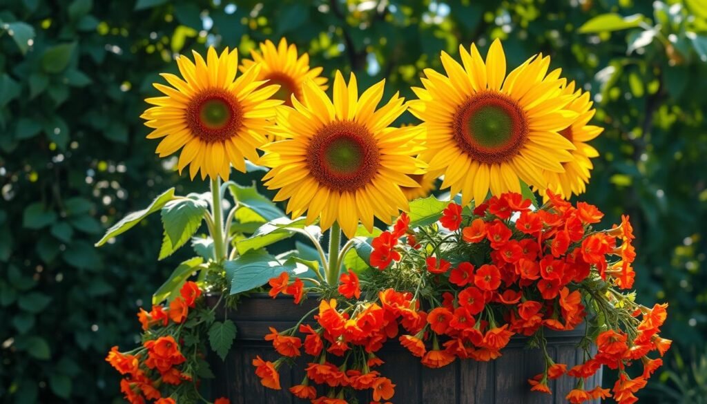 Vibrant sunflowers stretch towards the sun, their golden petals radiating warmth. In the foreground, cascading vines of tangerine-hued nasturtiums tumble over the edge of a rustic planter, their delicate blossoms dancing in the gentle breeze. The middle ground features a lush, verdant backdrop of foliage, creating a naturalistic setting. Dappled sunlight filters through the leaves, casting a soft, golden glow over the scene. The image is captured with a shallow depth of field, drawing the viewer's attention to the striking contrast between the bold sunflowers and the delicate nasturtiums. An atmosphere of joyful, summer abundance permeates the composition. Vibrant sunflowers stretch towards the sun, their golden petals radiating warmth. In the foreground, cascading vines of tangerine-hued nasturtiums tumble over the edge of a rustic planter, their delicate blossoms dancing in the gentle breeze. The middle ground features a lush, verdant backdrop of foliage, creating a naturalistic setting. Dappled sunlight filters through the leaves, casting a soft, golden glow over the scene. The image is captured with a shallow depth of field, drawing the viewer's attention to the striking contrast between the bold sunflowers and the delicate nasturtiums. An atmosphere of joyful, summer abundance permeates the composition.
