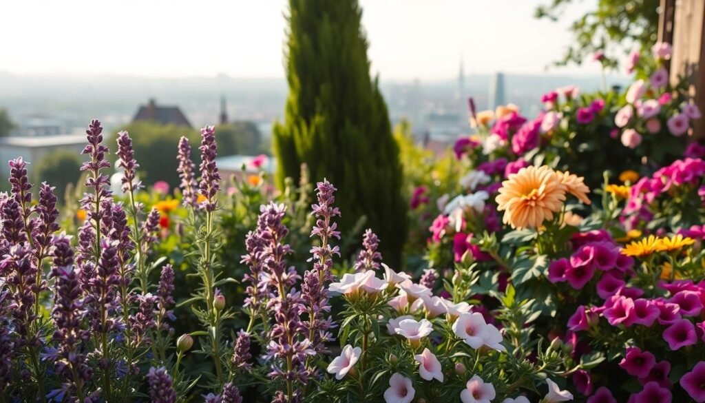 Winterharte Balkonpflanzen in voller Blüte, fotografiert im Sommerlicht. Ein üppiger Vordergrund mit Lavendel, Rosmarin und blühenden Petunien. In der Mitte erhebt sich eine stattliche Scheinzypresse, umgeben von Gräsern und Dahlien. Im Hintergrund sieht man die verschwommene Silhouette eines Stadtpanoramas. Eine warme, einladende Stimmung herrscht, die Komposition ist ausgewogen und harmonisch.