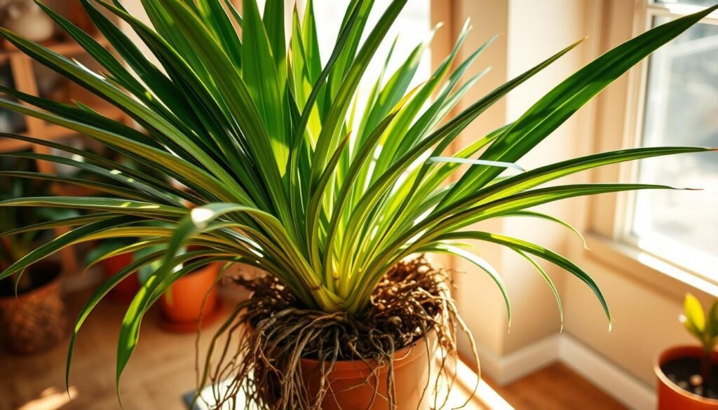 a beautifully potted dragon tree (dracaena) in a bright, sun-filled room, with its distinctive sword-shaped leaves reaching towards the light. the tree is being carefully repotted, its tangled roots exposed, as the gardener gently loosens the soil and trims away any damaged sections. the room is filled with natural warmth, highlighting the rich green hues of the plant and the earthy tones of the terracotta pot. the camera angle is positioned slightly above, capturing the delicate process of root maintenance and soil amendment that ensures the dracaena's continued health and vigorous growth.
