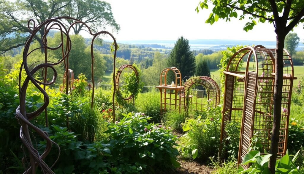a lush, verdant garden setting with various creative and unique trellis structures and climbing plant supports made from natural materials such as wood, vines, and woven reeds. In the foreground, there are intricate and whimsical designs like spiraling, intertwined branches, and arched frameworks that gently guide the growth of climbing vines and flowering plants. The middle ground features a variety of custom-built plant supports in different shapes and sizes, each with its own distinct personality, providing inspiration for personalized gardening solutions. The background showcases a tranquil, sun-dappled landscape with towering trees and a serene horizon, creating a sense of harmony and inspiration. The lighting is soft and diffused, evoking a serene and calming atmosphere. The overall scene conveys a sense of creativity, individuality, and a celebration of nature's beauty. a lush, verdant garden setting with various creative and unique trellis structures and climbing plant supports made from natural materials such as wood, vines, and woven reeds. In the foreground, there are intricate and whimsical designs like spiraling, intertwined branches, and arched frameworks that gently guide the growth of climbing vines and flowering plants. The middle ground features a variety of custom-built plant supports in different shapes and sizes, each with its own distinct personality, providing inspiration for personalized gardening solutions. The background showcases a tranquil, sun-dappled landscape with towering trees and a serene horizon, creating a sense of harmony and inspiration. The lighting is soft and diffused, evoking a serene and calming atmosphere. The overall scene conveys a sense of creativity, individuality, and a celebration of nature's beauty.