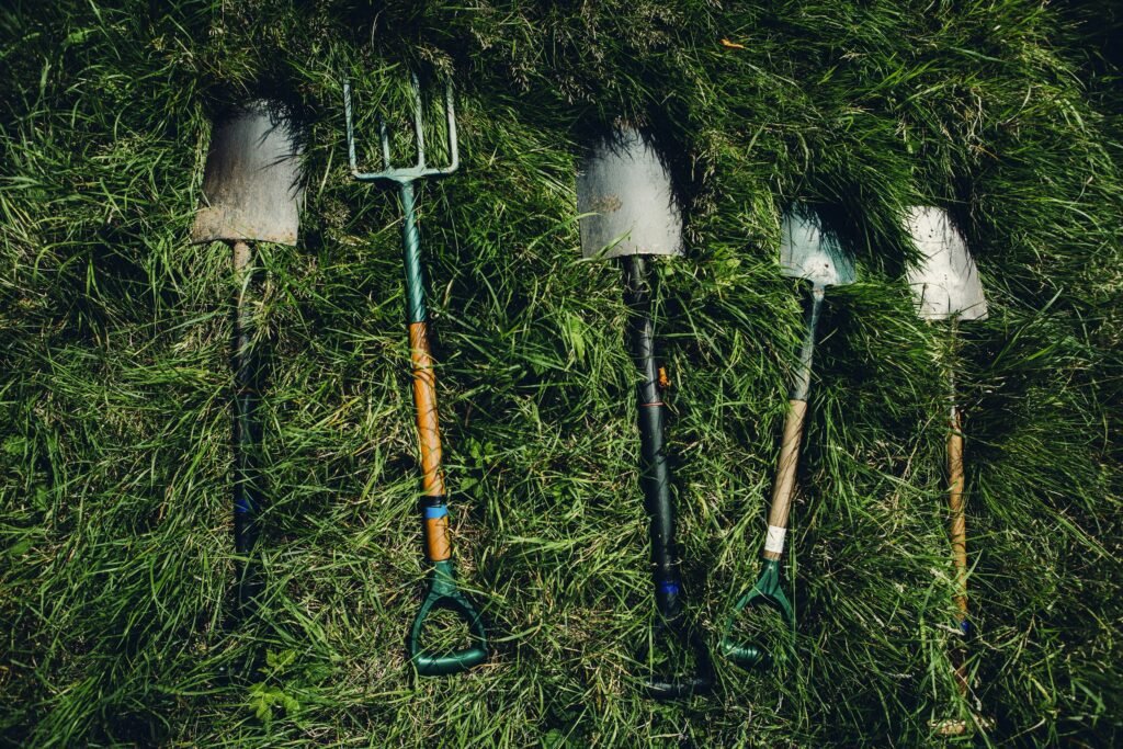 several shovels on grass
