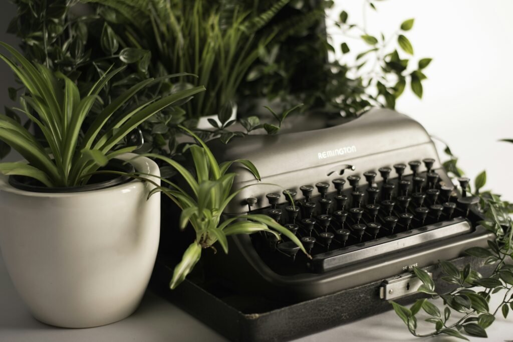 silver typewriter surrounded with green leafed plant ableger grünlilie-5