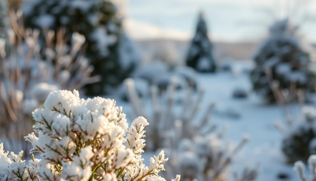 wintertime frost protection in the garden, with a close-up view of a snow-covered plant or shrub in the foreground, surrounded by other frost-protected plants in the middle ground, all set against a blurred, snowy background landscape. Soft, diffused natural lighting illuminates the scene, creating a peaceful, serene atmosphere. The image should convey the care and attention required to protect vulnerable plants during the winter months, helping to illustrate the "Winterliche Gartenarbeit: Frostschutz und spezielle Maßnahmen" section of the article. wintertime frost protection in the garden, with a close-up view of a snow-covered plant or shrub in the foreground, surrounded by other frost-protected plants in the middle ground, all set against a blurred, snowy background landscape. Soft, diffused natural lighting illuminates the scene, creating a peaceful, serene atmosphere. The image should convey the care and attention required to protect vulnerable plants during the winter months, helping to illustrate the "Winterliche Gartenarbeit: Frostschutz und spezielle Maßnahmen" section of the article.