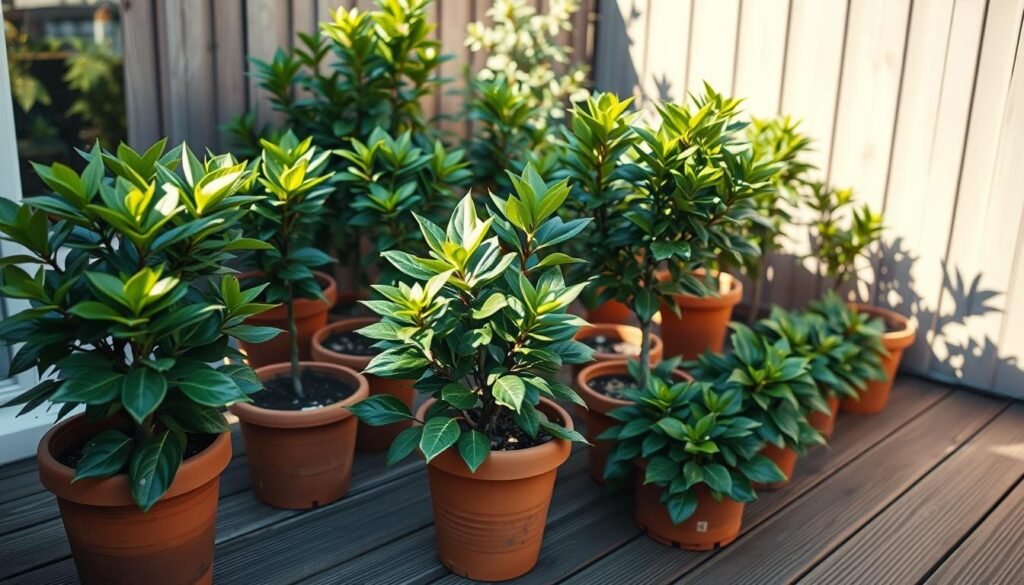 A beautifully manicured patio showcasing a selection of potted cherry laurel plants, their glossy evergreen foliage casting soft shadows in the gentle afternoon light. The plants are arranged in a visually pleasing, asymmetric layout, their terracotta pots complementing the warm, weathered wood of the surrounding decking. The scene exudes a sense of tranquility and thoughtful design, suitable for a small urban garden or balcony. A wide-angle lens captures the overall composition, with the plants taking center stage while allowing glimpses of the cozy, intimate outdoor space beyond.