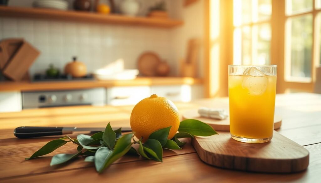 A bright, airy kitchen setting with a wooden table in the foreground. On the table, a vibrant yuzu citrus fruit sits among a scattering of its leaves, accompanied by a small knife, a wooden cutting board, and a glass container filled with a refreshing yuzu-based drink or sauce. Warm, natural lighting streams in through a nearby window, casting a soft glow on the scene. The overall atmosphere conveys a sense of culinary inspiration and the versatile uses of the distinctive yuzu fruit in the Japanese culinary tradition.