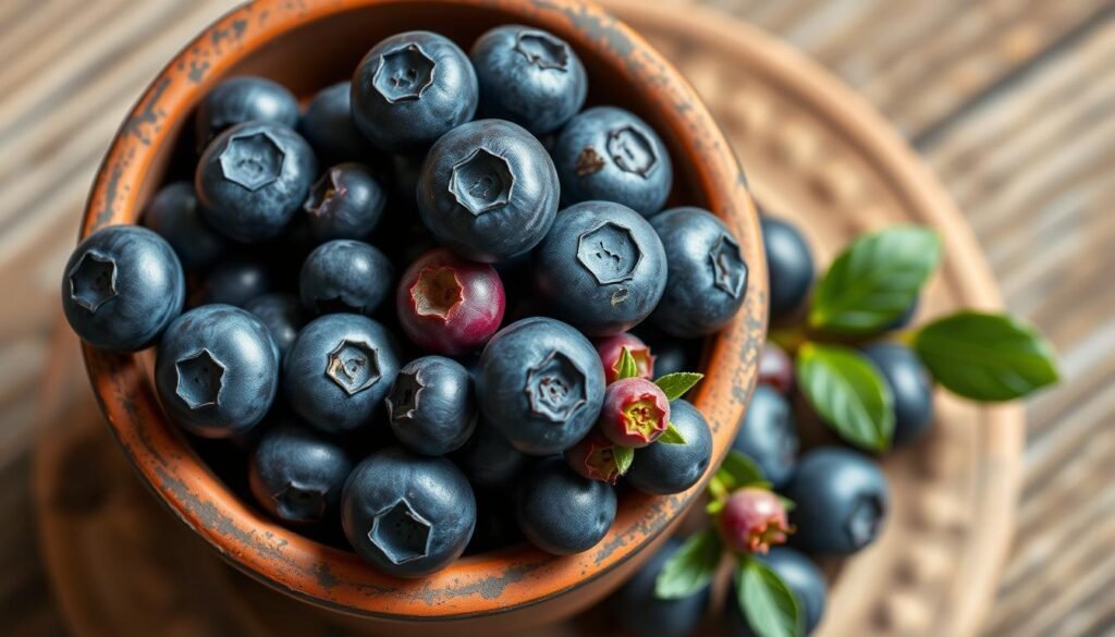 A carefully composed still life showcasing a rustic pottery container filled with plump, glossy blueberries and their smaller, jewel-toned counterparts, the huckleberries. The vibrant, deep blue and purple hues of the berries pop against the weathered, earthy tones of the terracotta pot, which sits atop a natural wooden surface. Soft, diffused natural lighting illuminates the scene, casting gentle shadows and highlights to accentuate the textural details of the berries and the pottery. The overall composition exudes a sense of simple, refined elegance, perfectly capturing the essence of "Heidelbeeren im Topf: Besonderheiten und Tipps".