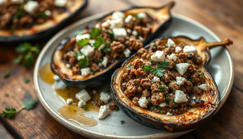 A close-up, high-resolution shot of a perfectly grilled and sliced eggplant, its insides hollowed out and stuffed with a mouthwatering blend of seasoned ground beef, crumbled feta cheese, and aromatic herbs. The dish is plated on a rustic wooden surface, with a sprinkle of fresh parsley and a drizzle of olive oil to finish. Warm, earthy tones and soft, diffused lighting create an inviting, home-cooked atmosphere. The overall composition highlights the hearty, comforting nature of this traditional Mediterranean recipe.