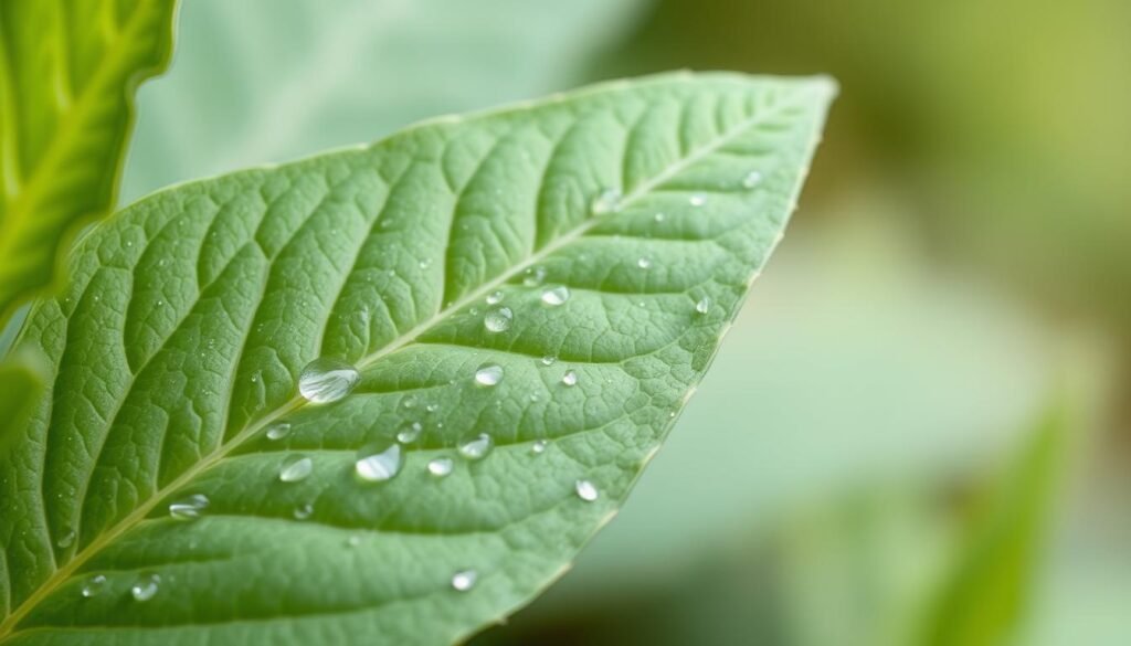 A close-up shot of a fresh, vibrant plantain (Plantago lanceolata) leaf against a soft, blurred natural background. The leaf's surface is dotted with tiny water droplets, reflecting the light. The texture of the leaf is crisp and detailed, showcasing its distinct veins and serrated edges. The lighting is soft and diffused, creating a soothing, tranquil atmosphere. The depth of field is shallow, gently blurring the background to emphasize the leaf's central focus. This image captures the soothing, healing properties of the plantain leaf, highlighting its potential to provide relief from insect bites and skin irritations.