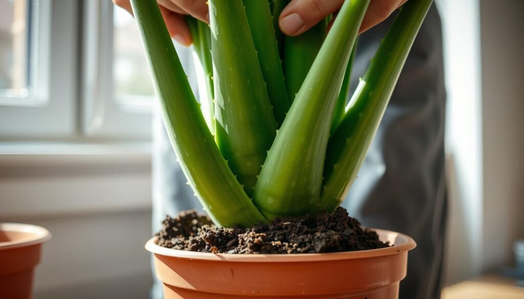 A close-up shot of a healthy aloe vera plant being carefully repotted, with sunlight filtering through a window behind it. The plant's thick, fleshy leaves are a vibrant green, and the soil is a rich, dark brown. The hands of the gardener are gently lifting the plant from its old pot, taking care not to damage the delicate roots. The new pot is slightly larger, with drainage holes in the bottom, ready to provide the aloe vera with the optimal conditions for continued growth and development. The scene exudes a sense of tranquility and care, reflecting the importance of proper potting and soil selection for the long-term thriving of this resilient succulent. A close-up shot of a healthy aloe vera plant being carefully repotted, with sunlight filtering through a window behind it. The plant's thick, fleshy leaves are a vibrant green, and the soil is a rich, dark brown. The hands of the gardener are gently lifting the plant from its old pot, taking care not to damage the delicate roots. The new pot is slightly larger, with drainage holes in the bottom, ready to provide the aloe vera with the optimal conditions for continued growth and development. The scene exudes a sense of tranquility and care, reflecting the importance of proper potting and soil selection for the long-term thriving of this resilient succulent.