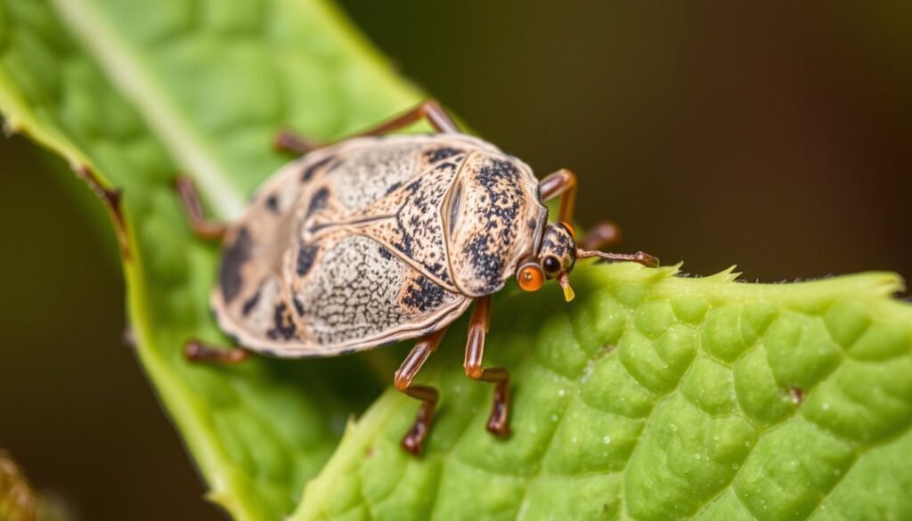 A close-up view of a brown marmorated stink bug (Halyomorpha halys) crawling on a plant leaf, showcasing its distinct shield-like body and distinctive yellow-orange scent glands. The image is captured in soft, natural lighting that brings out the insect's textured exoskeleton and subtly iridescent hues. The leaf fills the frame, creating a sense of intimacy and allowing the viewer to observe the stink bug's behavior and physical features in detail. The background is slightly blurred, maintaining focus on the insect as the central subject. This image effectively illustrates the key identifying characteristics of the stink bug, providing a clear visual reference for gardeners to recognize this common garden pest. A close-up view of a brown marmorated stink bug (Halyomorpha halys) crawling on a plant leaf, showcasing its distinct shield-like body and distinctive yellow-orange scent glands. The image is captured in soft, natural lighting that brings out the insect's textured exoskeleton and subtly iridescent hues. The leaf fills the frame, creating a sense of intimacy and allowing the viewer to observe the stink bug's behavior and physical features in detail. The background is slightly blurred, maintaining focus on the insect as the central subject. This image effectively illustrates the key identifying characteristics of the stink bug, providing a clear visual reference for gardeners to recognize this common garden pest.