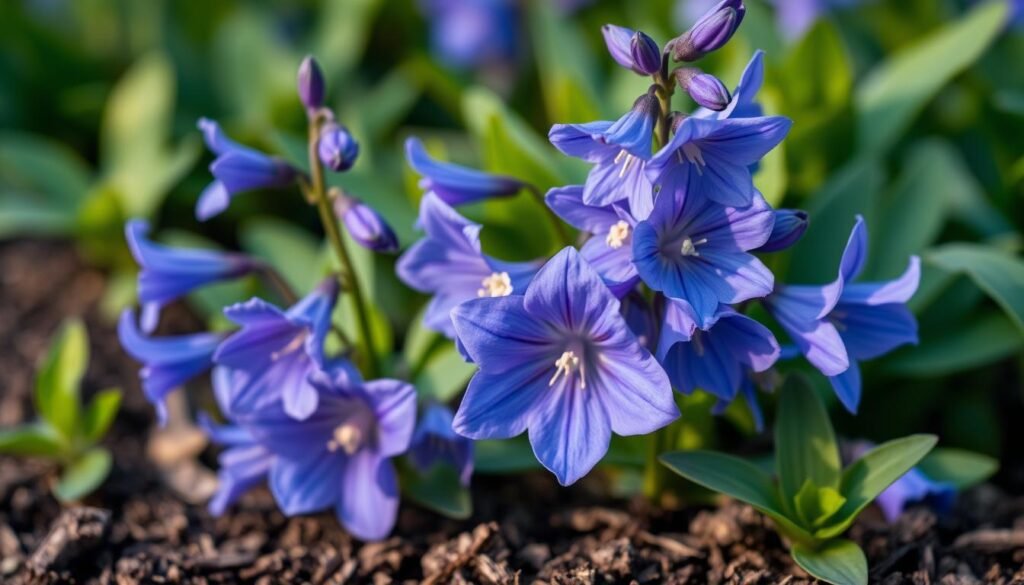 A close-up view of a healthy Glockenblume (Campanula) plant with vibrant violet-blue bell-shaped flowers in full bloom. The plant is growing from a rich, well-drained soil, with lush green foliage surrounding the blooms. The lighting is soft and diffused, accentuating the delicate petals and highlighting the intricate details of the flowers. The composition is centered on the main bloom, with a slightly blurred background that suggests a serene, garden-like setting. The mood is one of natural beauty and tranquility, inviting the viewer to appreciate the elegance and charm of this iconic perennial flower.