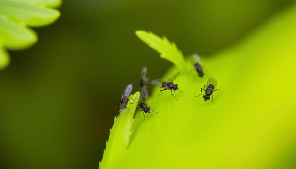 A close-up view of a lush, green plant, its leaves gently swaying in soft, diffused lighting. Perched upon the foliage are several small, dark flies, their delicate wings fluttering as they crawl and explore the plant's surface. The flies are distinct and detailed, their bodies capturing the viewer's attention amidst the blurred, naturalistic background. The overall scene conveys a sense of tranquility and observation, allowing the viewer to closely examine these tiny, yet intriguing, insects that may signal the presence of fungus gnats, also known as "Trauermücken".